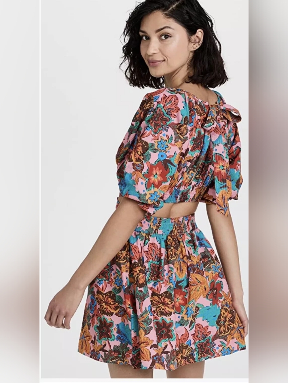 Love The Label Floral Arya Puff Sleeve Open Back Mini Dress In Brittany Pink